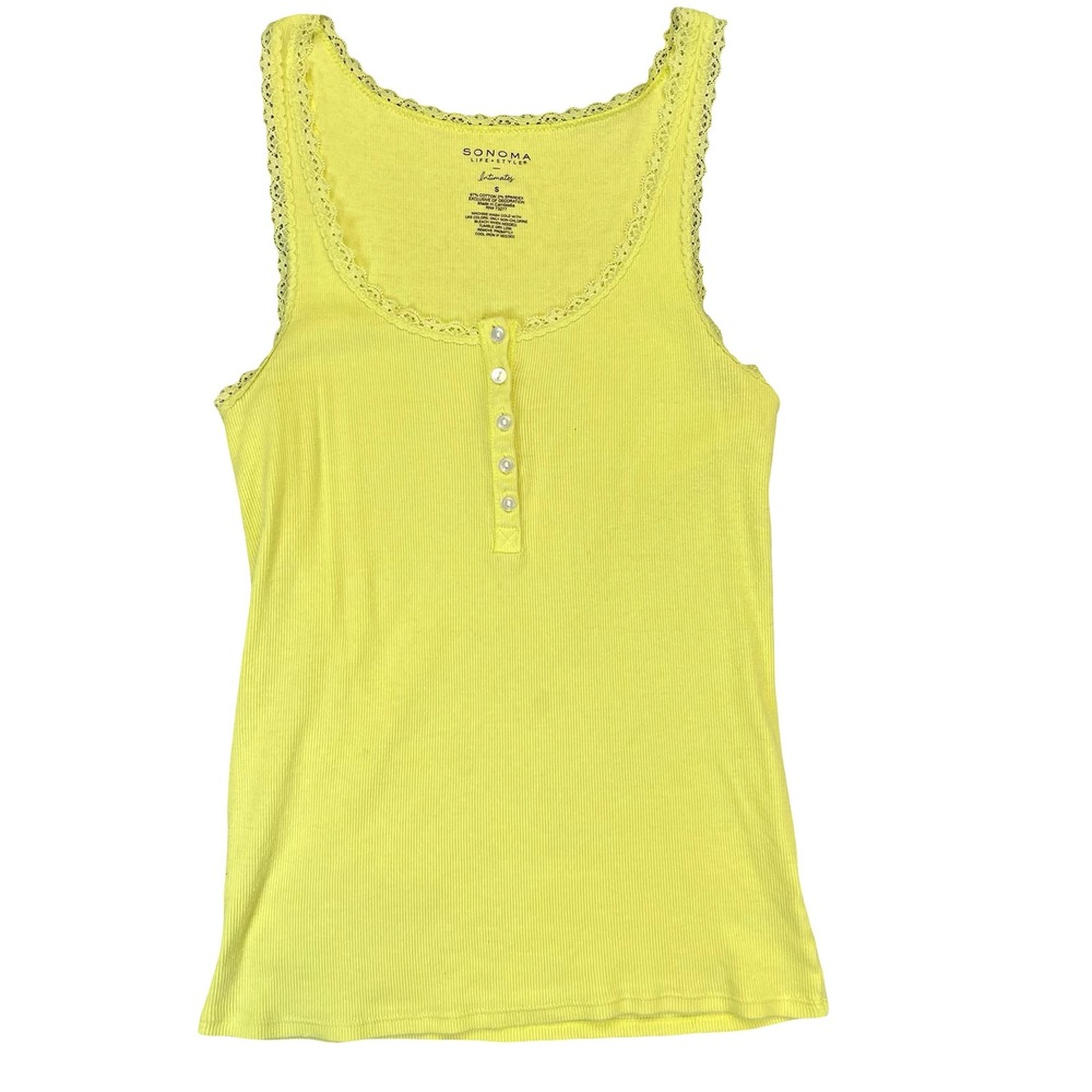 Sonoma Womens Tank Top Lime Yellow Lace Trim Henley Ribbed Knit Casual S
